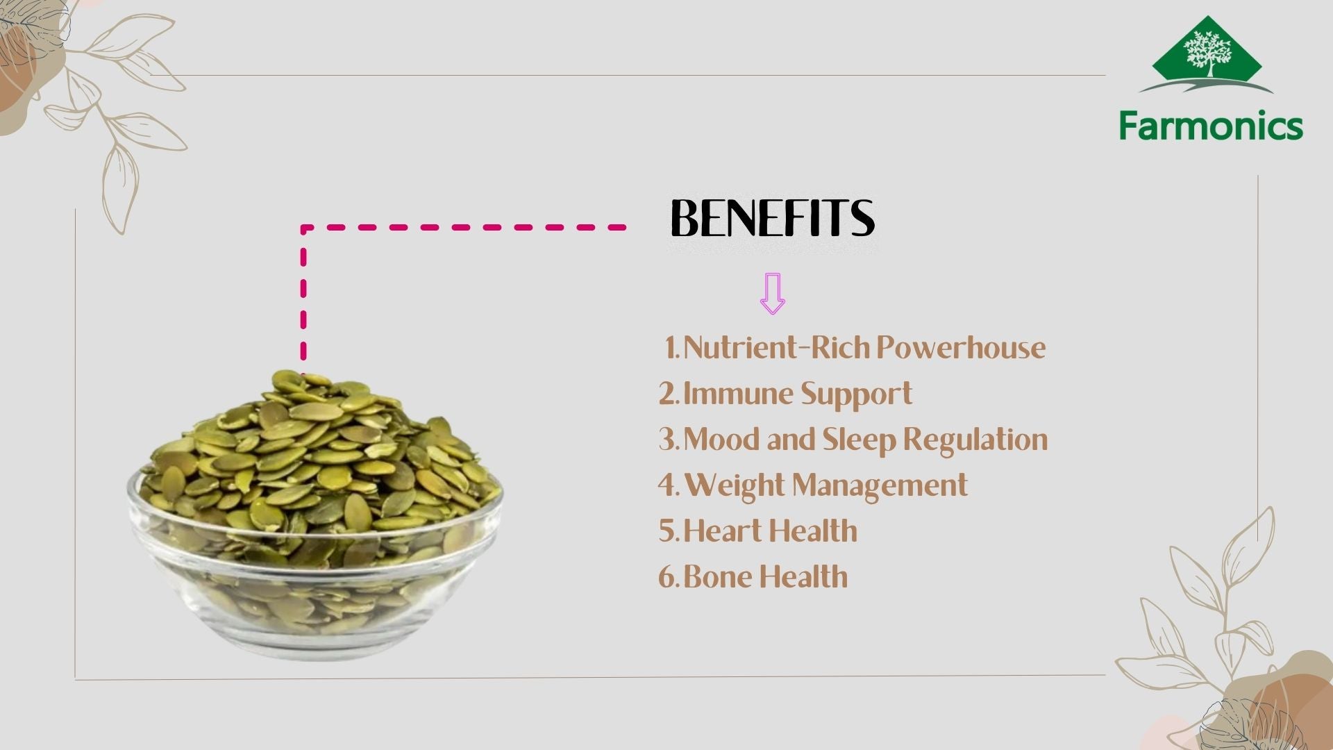 heer are the llist of benefits you cana avail from Farmonics premium quality pumpkin seeds