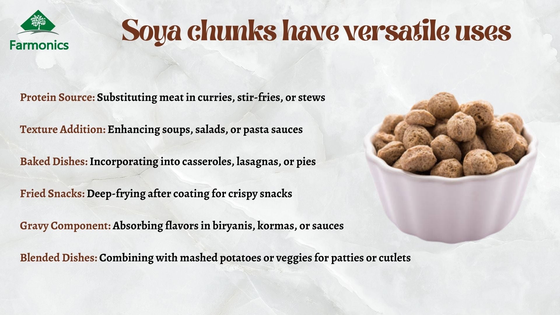 soya chunks have versatile uses offered by farmonics 